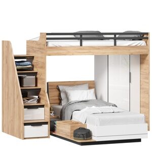Кровать-чердак, кровать односпальная с тумбой приставной и шкафом для одежды Урбан